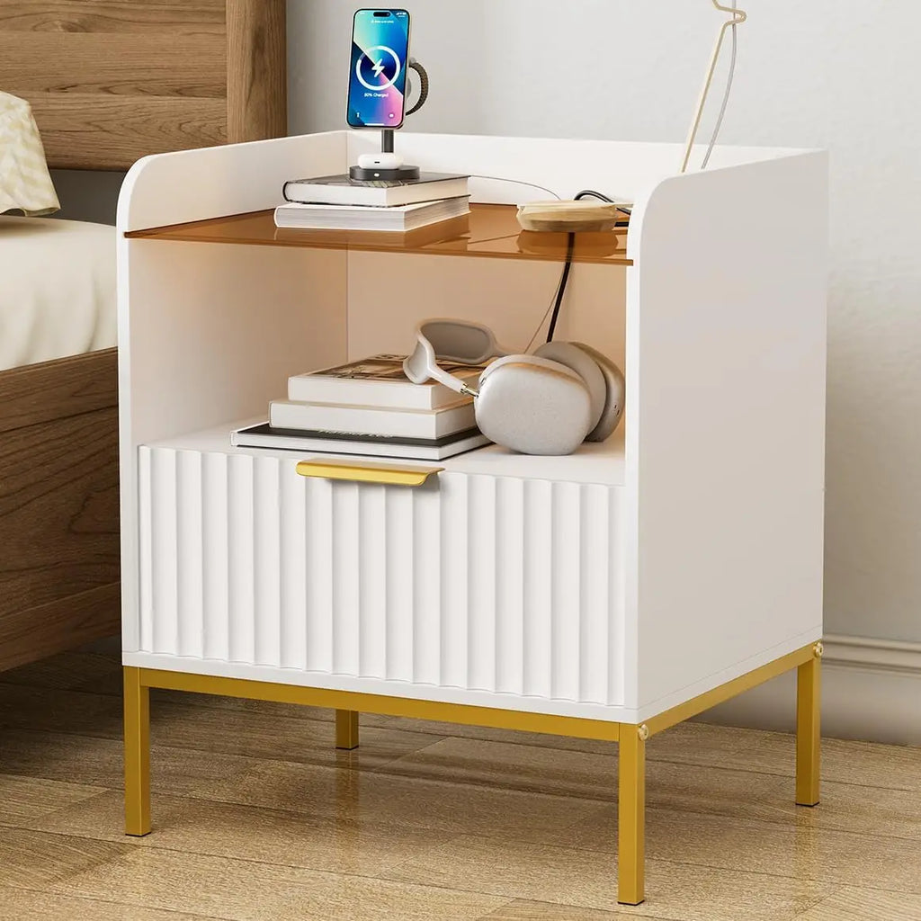 Modern Wooden Nightstand Bedside Table with Charging Port and White Sofa Side Table with Drawer for Bedroom or Living Room