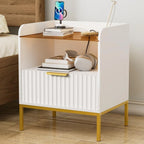 Modern Wooden Nightstand Bedside Table with Charging Port and White Sofa Side Table with Drawer for Bedroom or Living Room