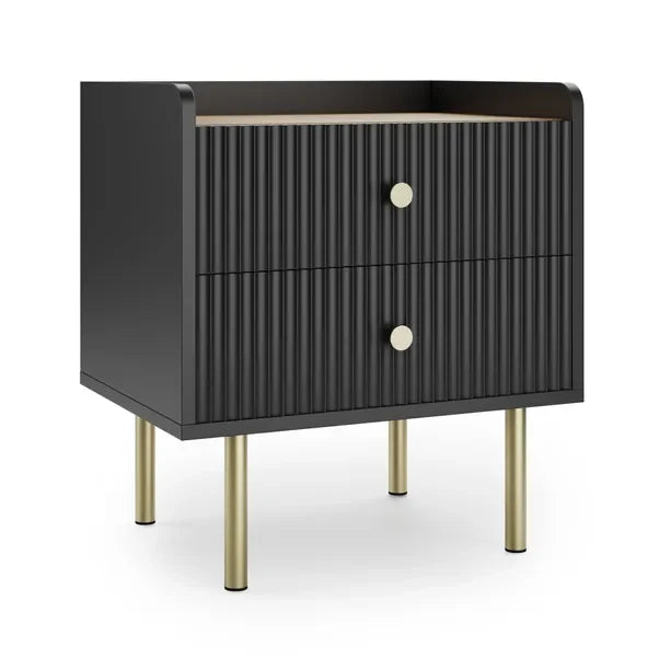 Modern Luxury Bedside Table Black Side Table with Ribbed Effect Drawers Bedroom Bed Side Table Golden with Legs Nightstands