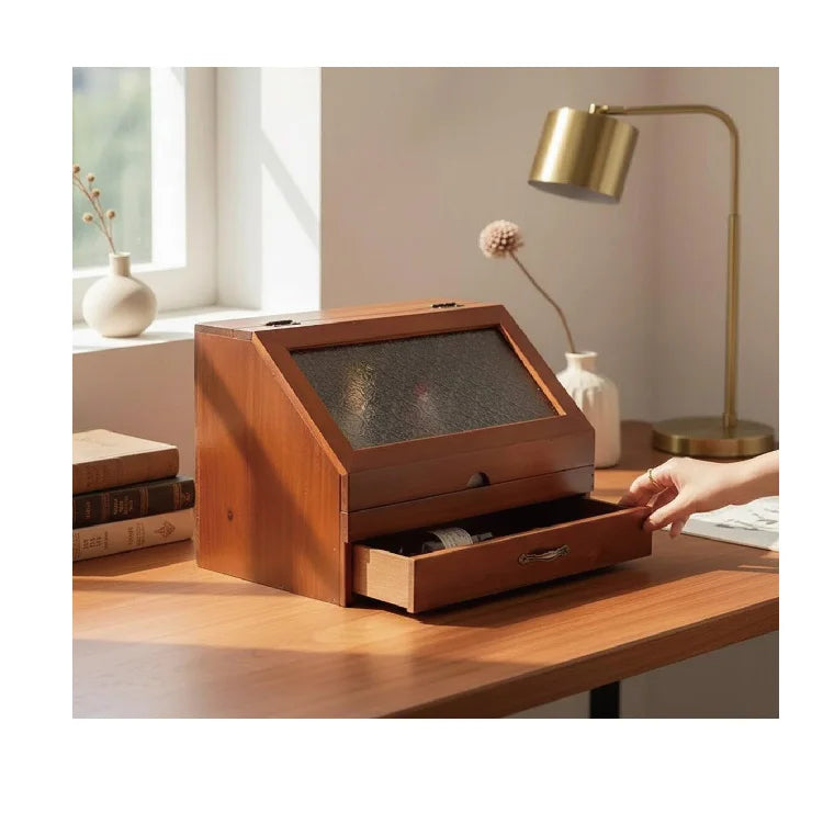 Vintage Wooden Desktop Storage Box  Retro Red Log Finish Cosmetic  Lotion Organizer Handmade Rustic Vanity Organizer