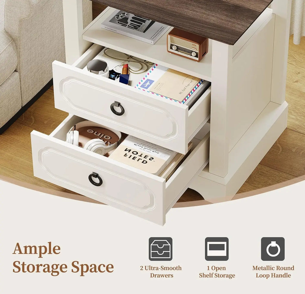 Modern Nightstand Bedside Table with 2 Drawers and Wooden Furniture Sofa Side Table with Open Shelf for Bedroom or Living Room