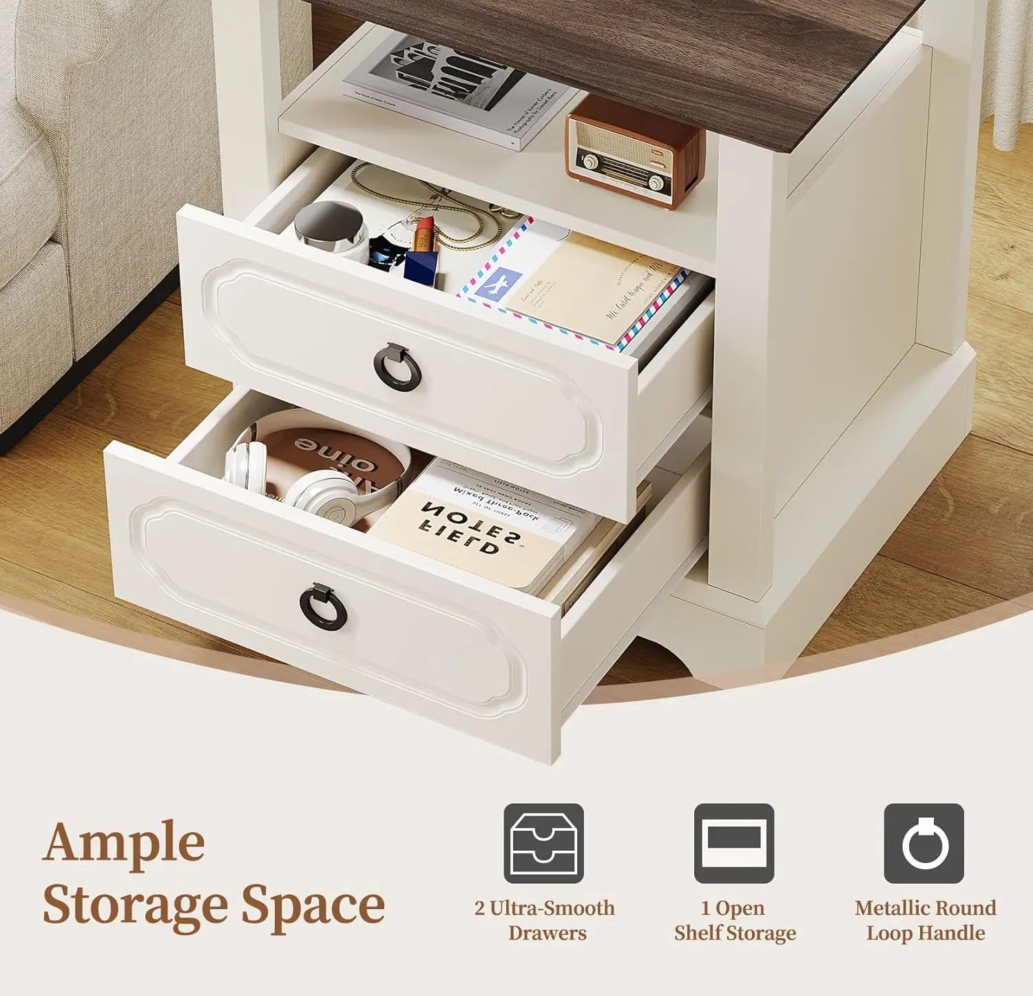 Modern Nightstand Bedside Table with 2 Drawers and Wooden Furniture Sofa Side Table with Open Shelf for Bedroom or Living Room