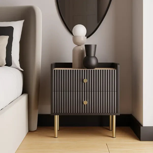 Modern Luxury Bedside Table Black Side Table with Ribbed Effect Drawers Bedroom Bed Side Table Golden with Legs Nightstands
