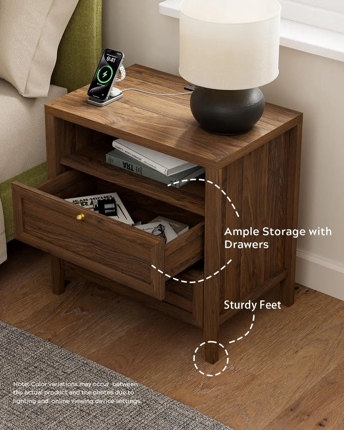 Modern Nightstand Bedside Table with Drawers for Bedroom and Wooden Sofa Side Table Cabinet Organizer with Shelf for Living Room