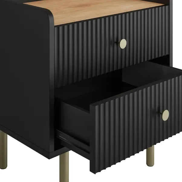 Modern Luxury Bedside Table Black Side Table with Ribbed Effect Drawers Bedroom Bed Side Table Golden with Legs Nightstands
