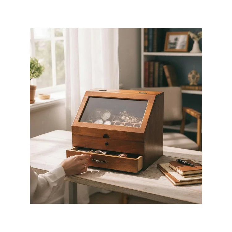Vintage Wooden Desktop Storage Box  Retro Red Log Finish Cosmetic  Lotion Organizer Handmade Rustic Vanity Organizer