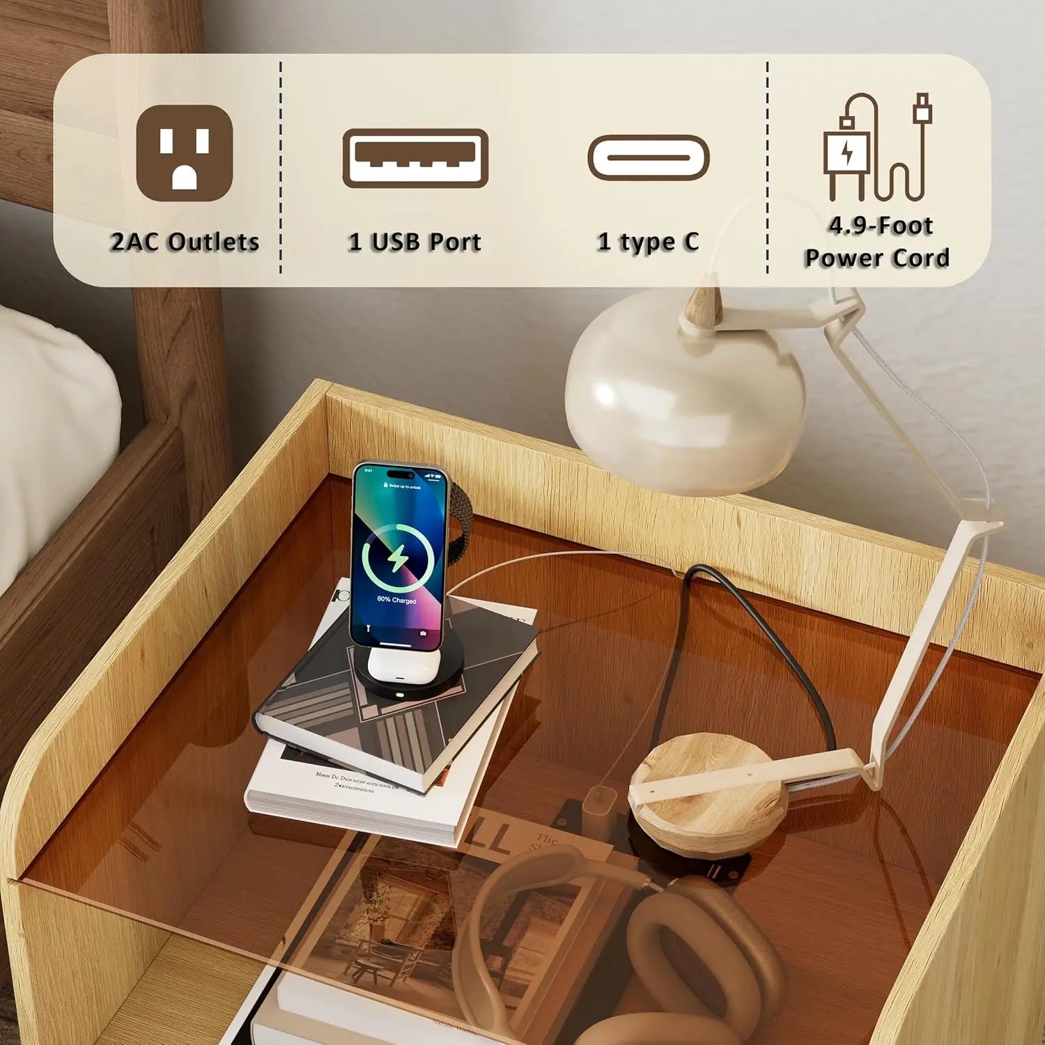 Modern Wooden Nightstand Bedside Table with Charging Port and Fluted Sofa Side Table with Drawer for Bedroom or Living Room