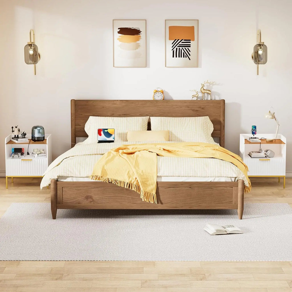 Modern Wooden Nightstand Bedside Table with Charging Port and White Sofa Side Table with Drawer for Bedroom or Living Room