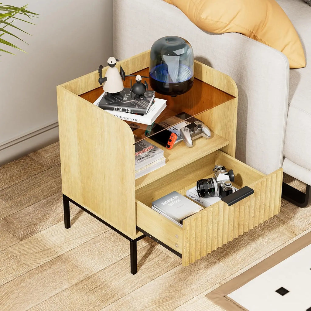 Modern Wooden Nightstand Bedside Table with Charging Port and Fluted Sofa Side Table with Drawer for Bedroom or Living Room