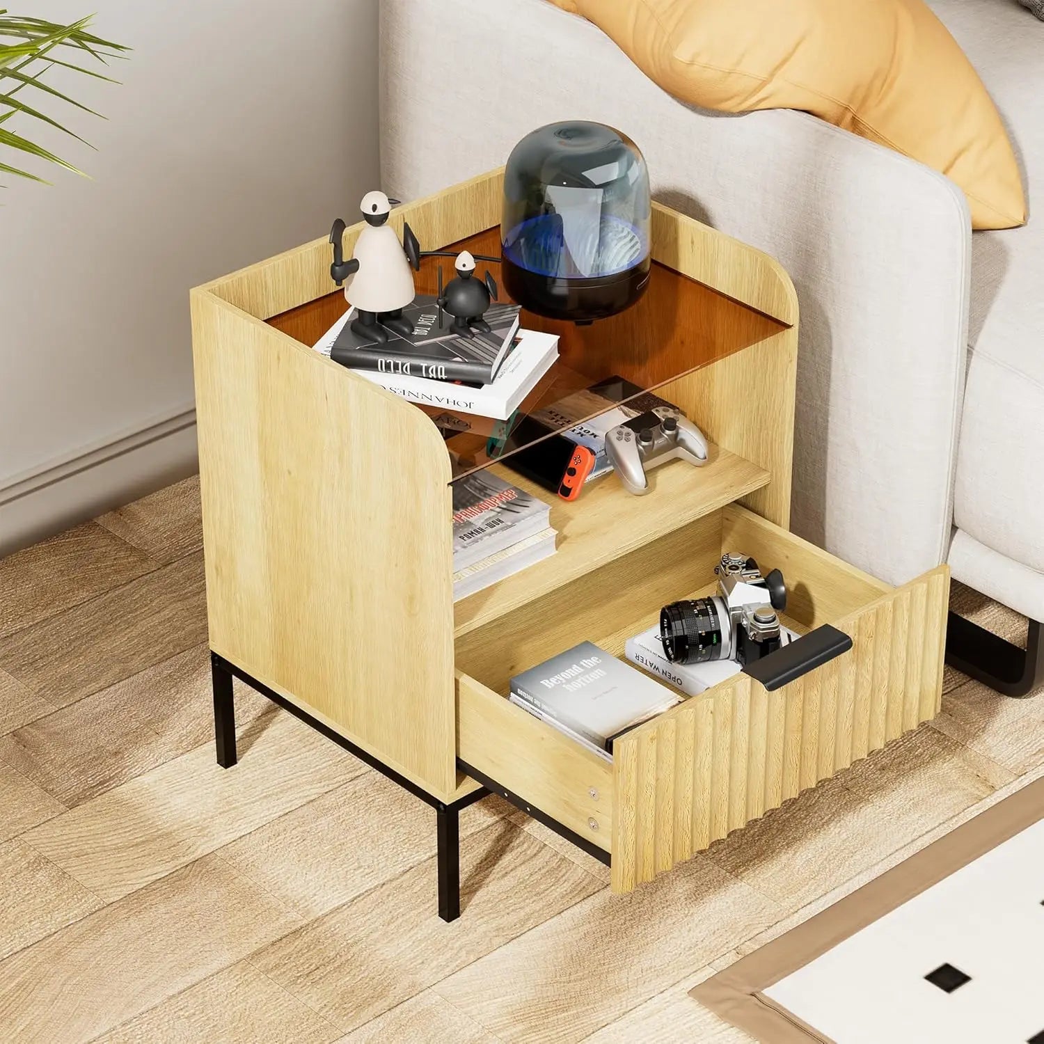Modern Wooden Nightstand Bedside Table with Charging Port and Fluted Sofa Side Table with Drawer for Bedroom or Living Room