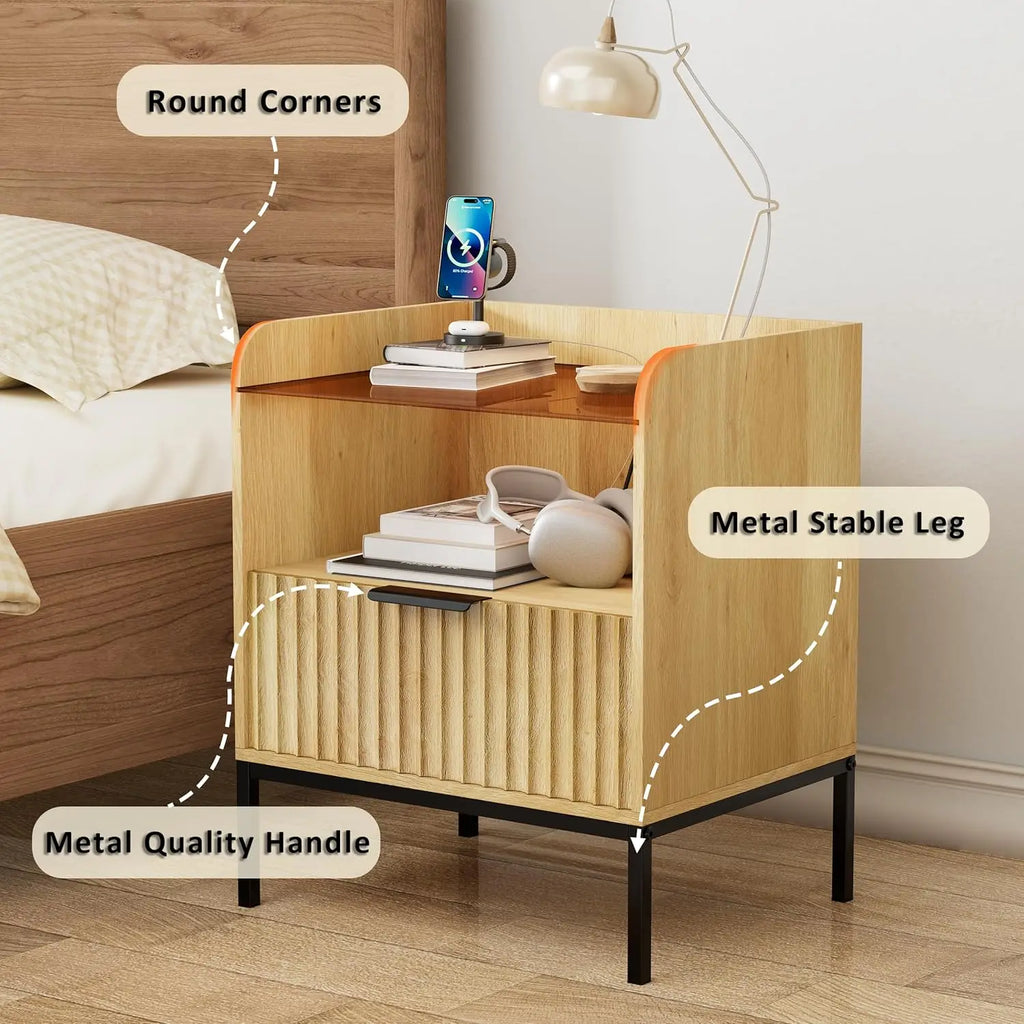 Modern Wooden Nightstand Bedside Table with Charging Port and Fluted Sofa Side Table with Drawer for Bedroom or Living Room