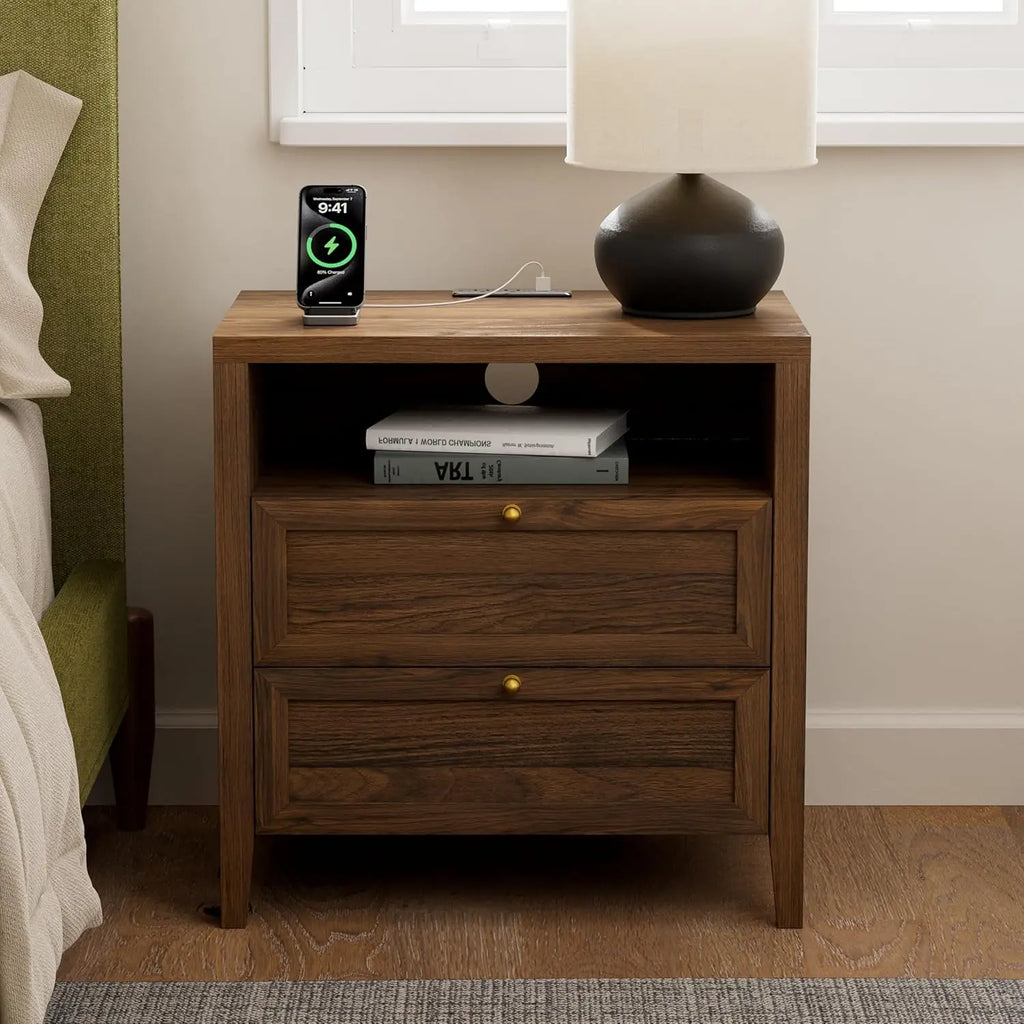 Modern Nightstand Bedside Table with Drawers for Bedroom and Wooden Sofa Side Table Cabinet Organizer with Shelf for Living Room