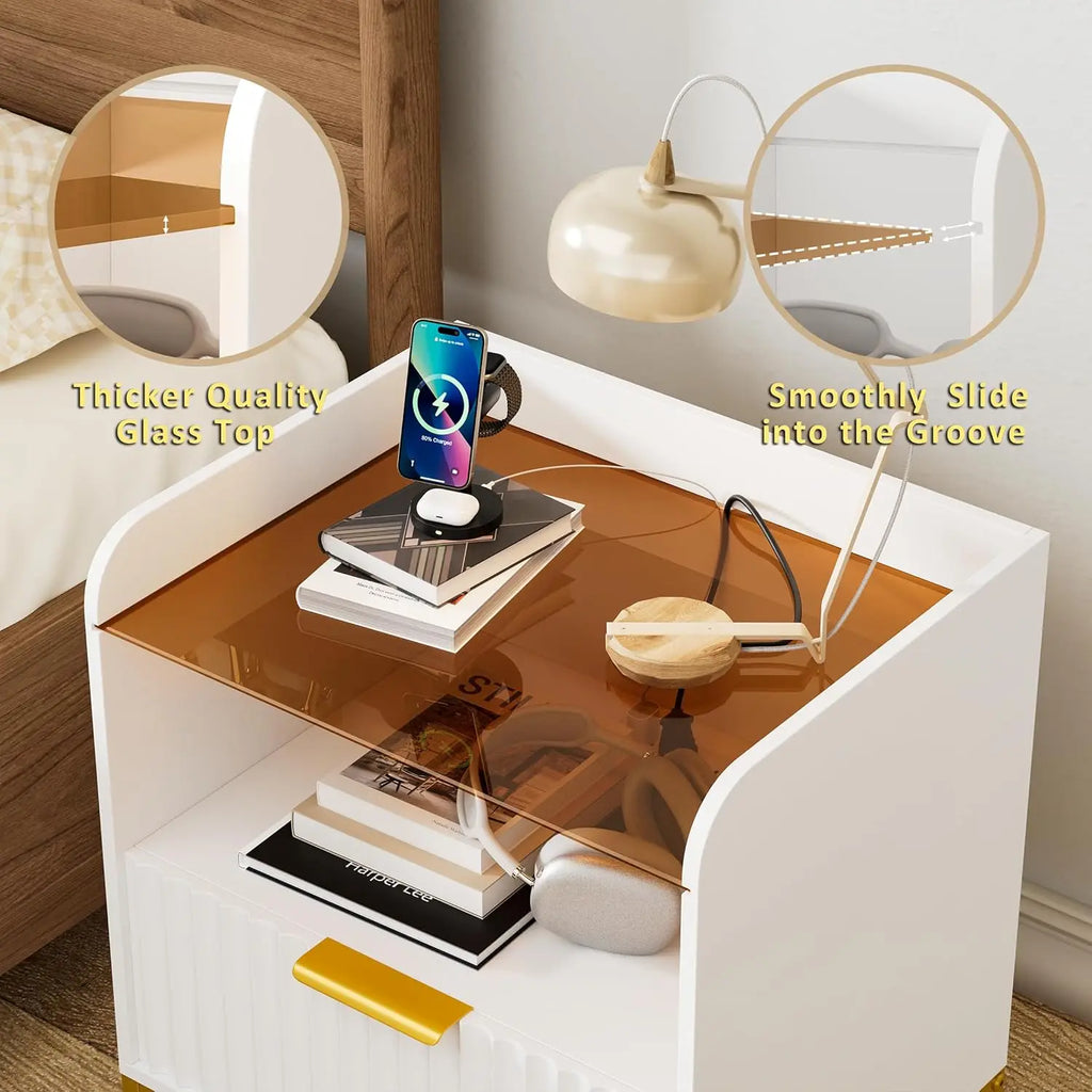 Modern Wooden Nightstand Bedside Table with Charging Port and White Sofa Side Table with Drawer for Bedroom or Living Room