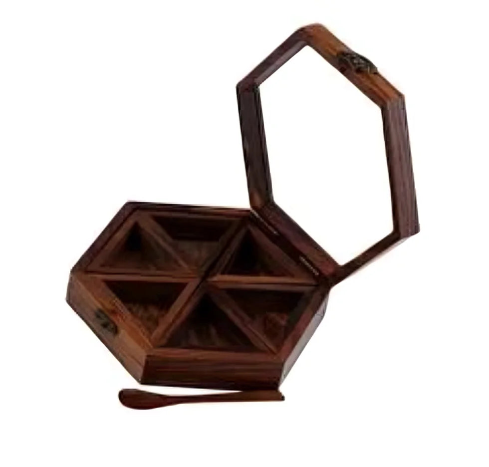 Handcrafted Natural Wooden Tabletop Spice and Dry Fruit Box with Multiple Compartments for Home Kitchen Storage Use