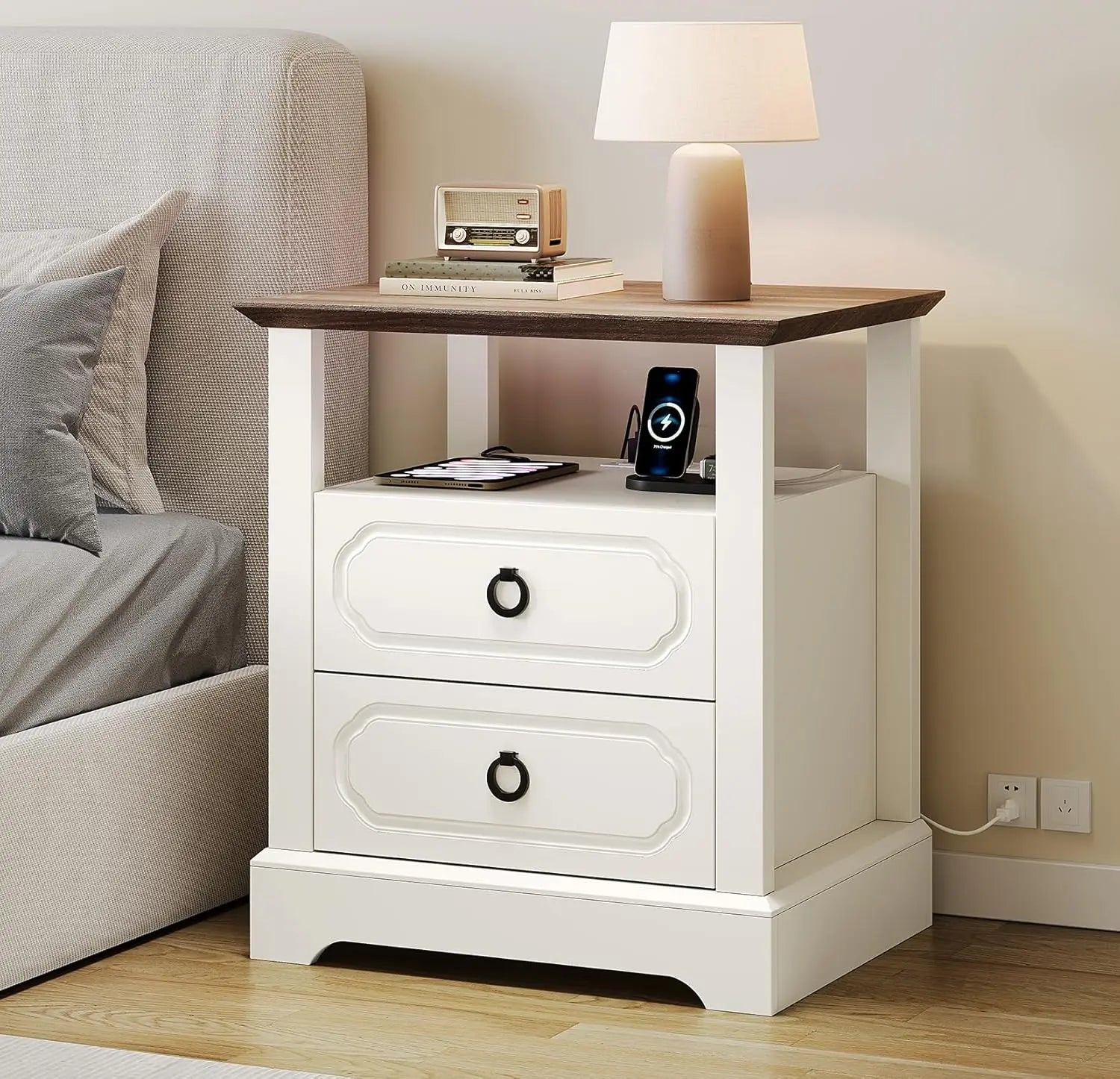 Modern Nightstand Bedside Table with 2 Drawers and Wooden Furniture Sofa Side Table with Open Shelf for Bedroom or Living Room