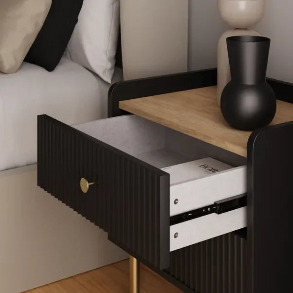 Modern Luxury Bedside Table Black Side Table with Ribbed Effect Drawers Bedroom Bed Side Table Golden with Legs Nightstands