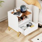 Modern Wooden Nightstand Bedside Table with Charging Port and White Sofa Side Table with Drawer for Bedroom or Living Room