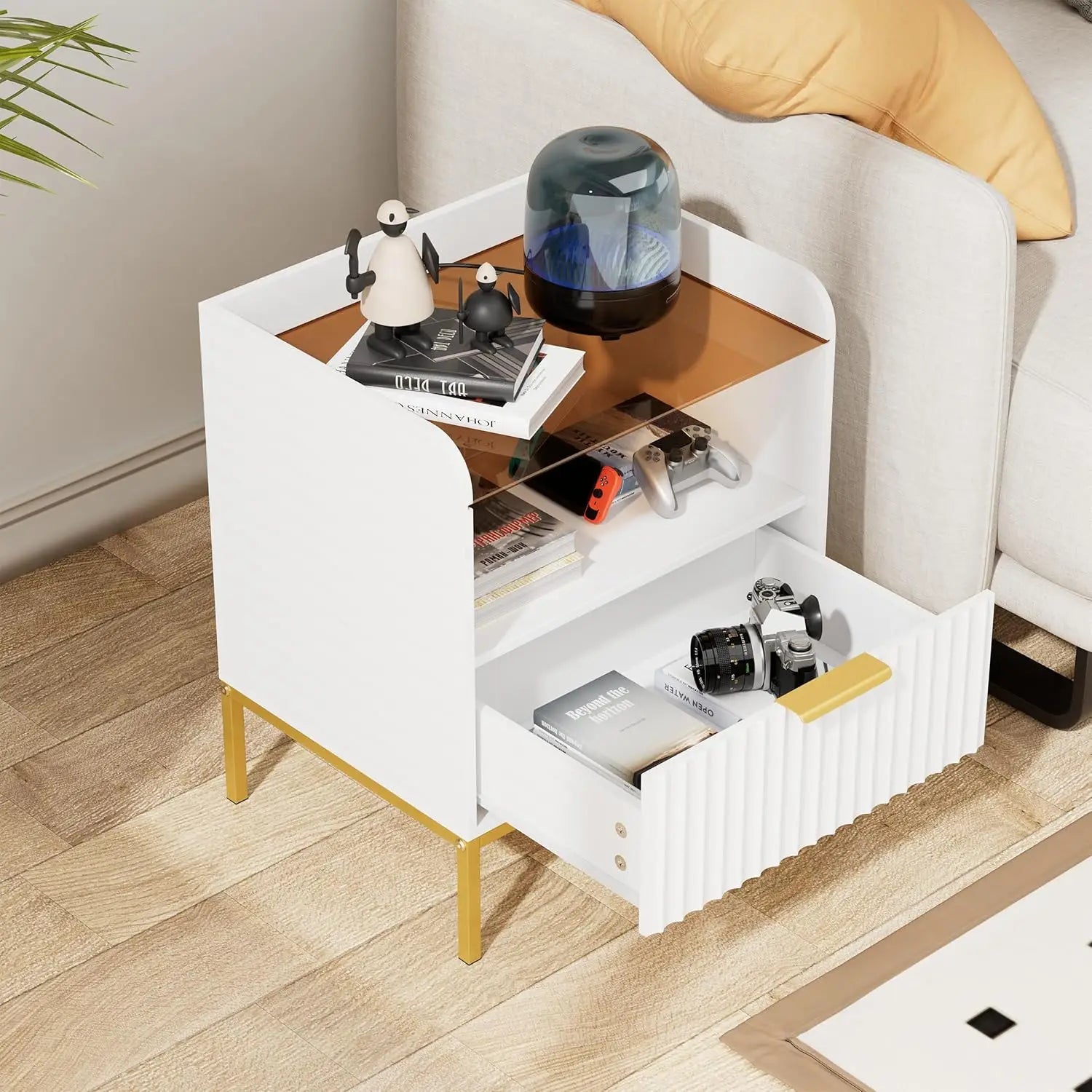 Modern Wooden Nightstand Bedside Table with Charging Port and White Sofa Side Table with Drawer for Bedroom or Living Room
