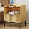 Modern Wooden Nightstand Bedside Table with Charging Port and Fluted Sofa Side Table with Drawer for Bedroom or Living Room