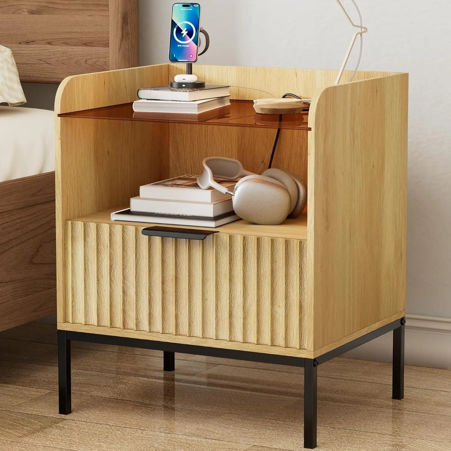 Modern Wooden Nightstand Bedside Table with Charging Port and Fluted Sofa Side Table with Drawer for Bedroom or Living Room
