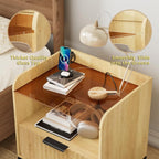 Modern Wooden Nightstand Bedside Table with Charging Port and Fluted Sofa Side Table with Drawer for Bedroom or Living Room