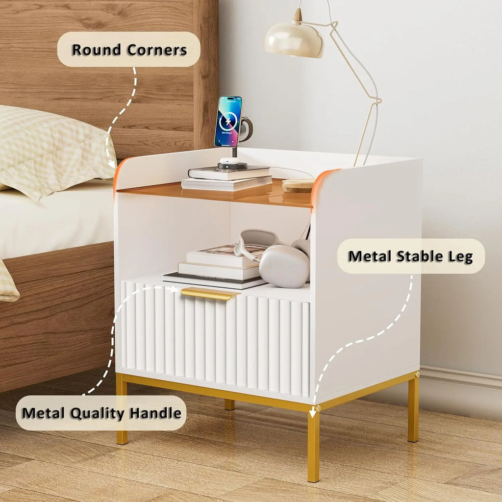 Modern Wooden Nightstand Bedside Table with Charging Port and White Sofa Side Table with Drawer for Bedroom or Living Room