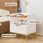 Modern Wooden Nightstand Bedside Table with Charging Port and White Sofa Side Table with Drawer for Bedroom or Living Room