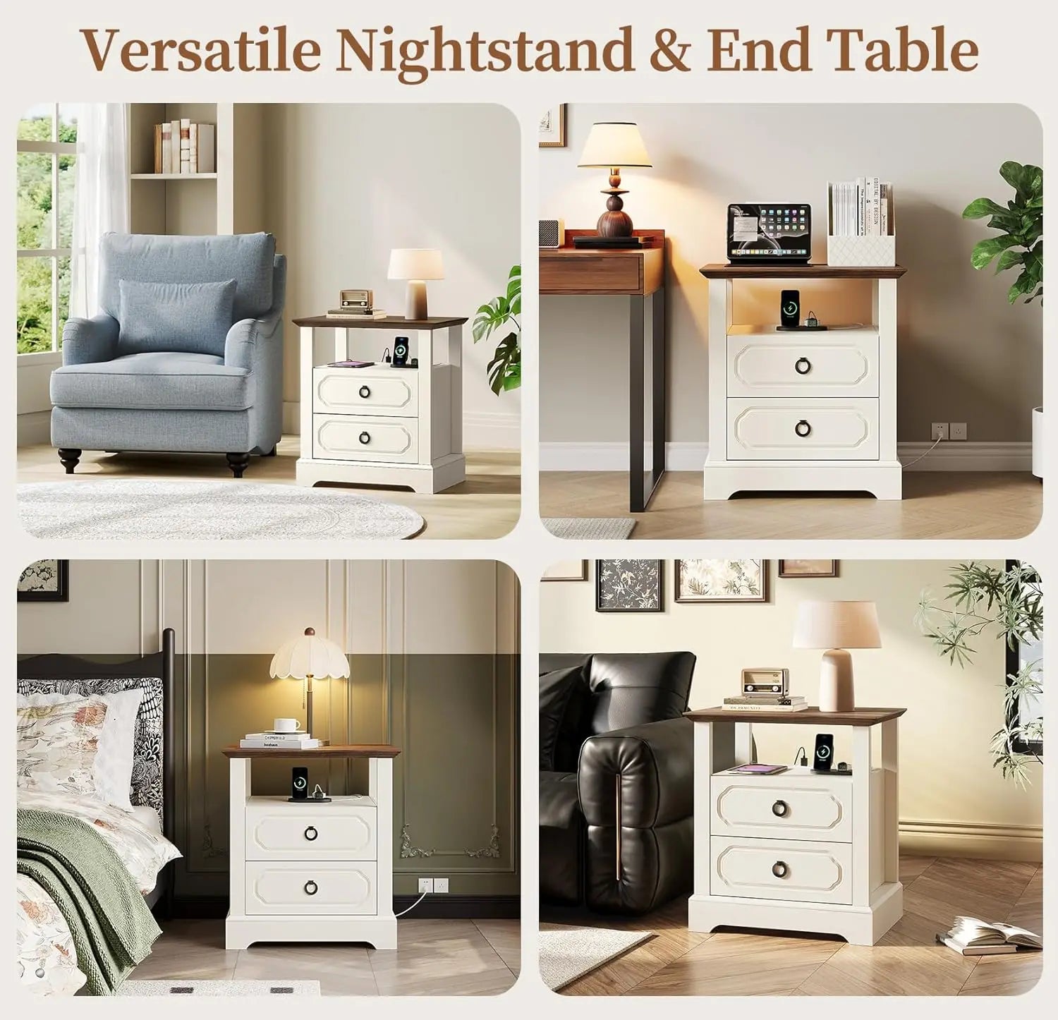 Modern Nightstand Bedside Table with 2 Drawers and Wooden Furniture Sofa Side Table with Open Shelf for Bedroom or Living Room