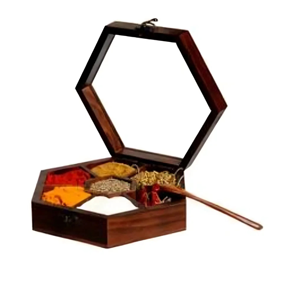 Handcrafted Natural Wooden Tabletop Spice and Dry Fruit Box with Multiple Compartments for Home Kitchen Storage Use