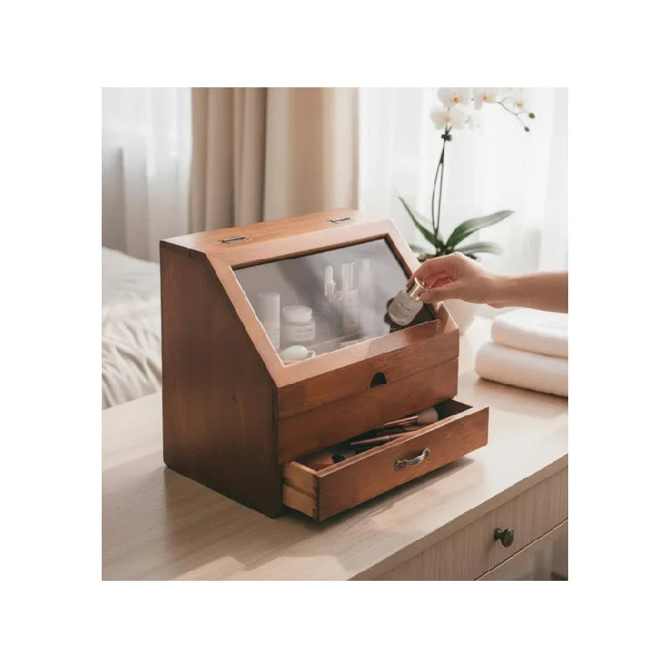 Vintage Wooden Desktop Storage Box  Retro Red Log Finish Cosmetic  Lotion Organizer Handmade Rustic Vanity Organizer