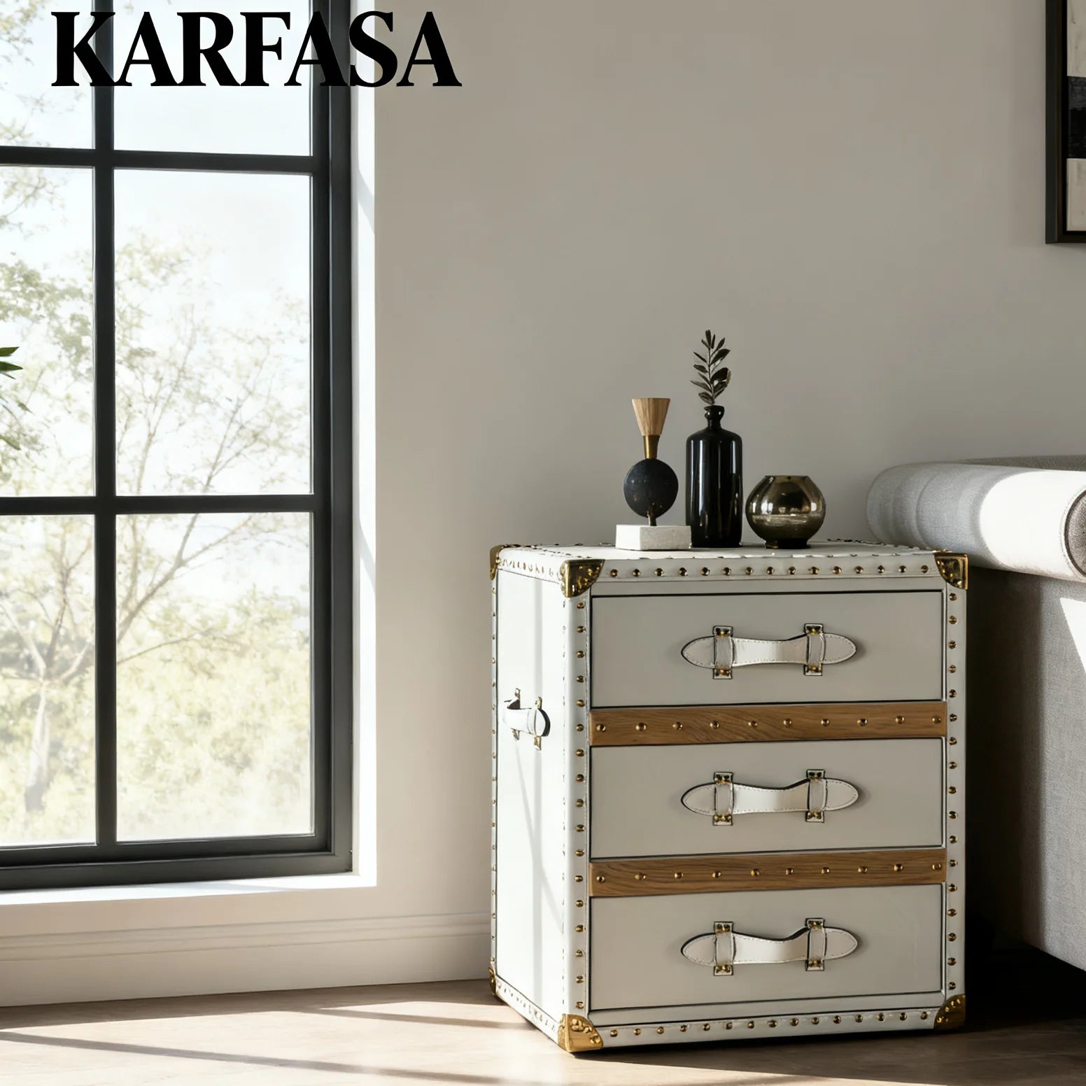 Industrial Side Cabinet Bedside Table 3 Drawers Leather Storage Box Stylish Golden Mushroom Nail Design for Home Bar Bedroom