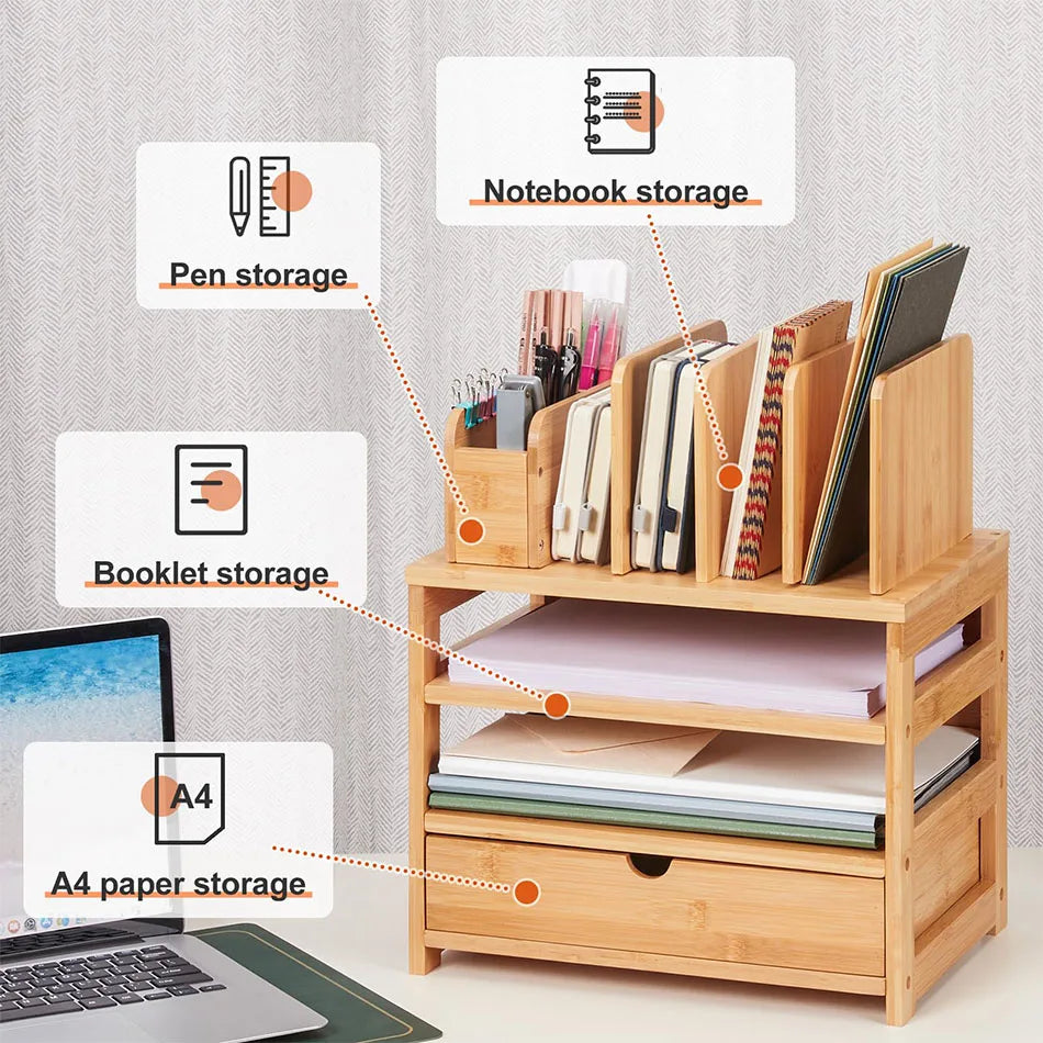 Modern Multi-layer Bamboo Desk Organizer with Drawers and Document Holder for Home or Office-Wholesale