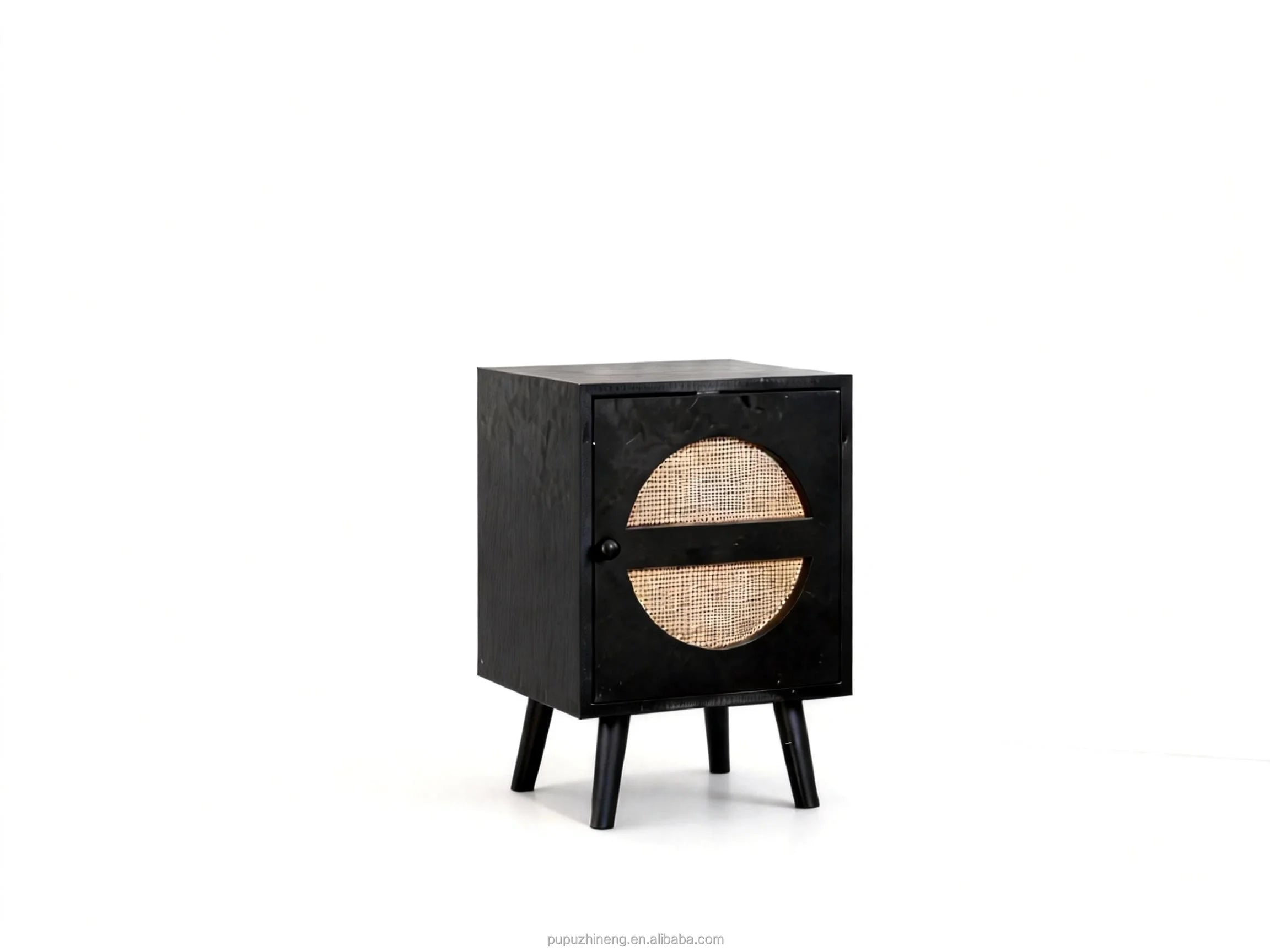 Wooden Bedside Table Natural Light Rattan Accent Matte Black Modern Minimalist Apartment Storage Side Table 15mm PB Board