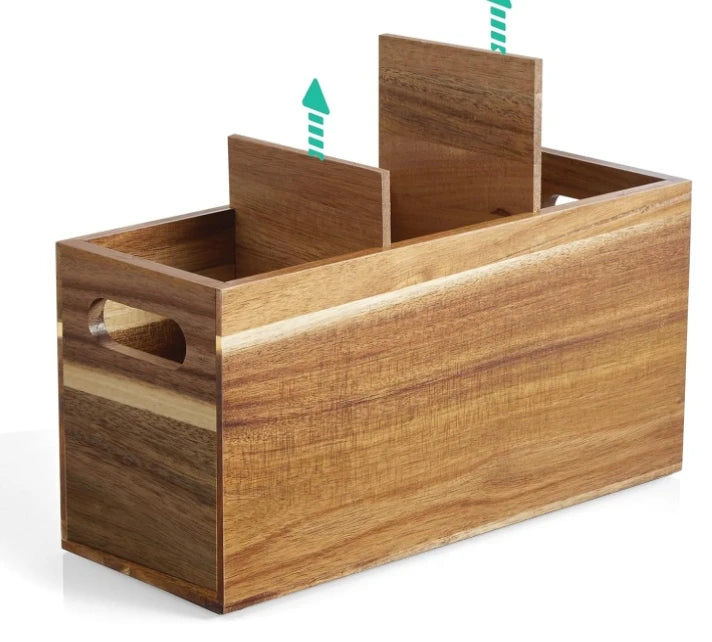 Rectangle Wooden Acacia Wood Handcrafted 3 Compartment Utensil Holder Silverware Organizer for Kitchen Counter Storage