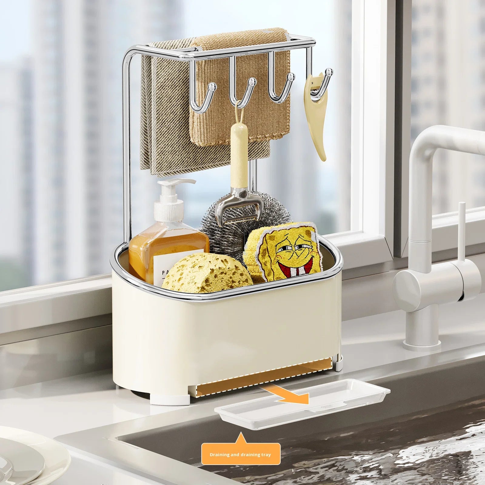 Kitchen Cloth and Towel Drying Rack Punch-free Wall-mounted Storage with Dishcloth Tray and Sink Storage