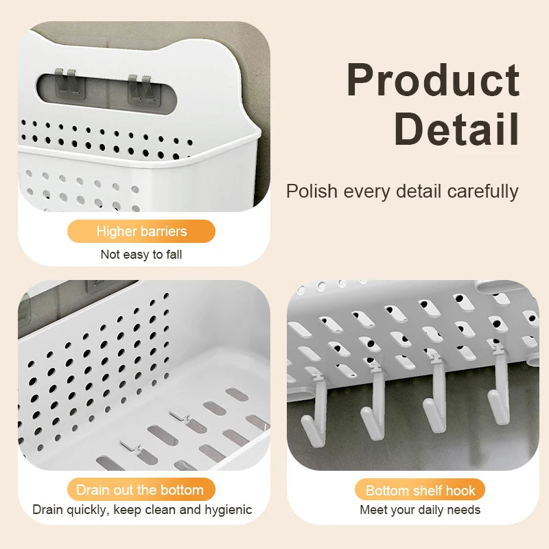 CHENGYAN Wall Hanging Storage Basket for Kitchen Pilastic Organizer with 4/6 Hooks Storage Container Spice Racks (White/Green/)