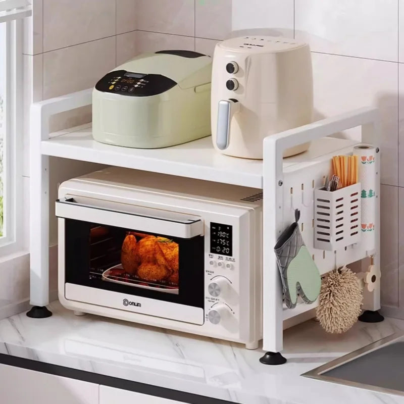 2 Tiers Multifunction Metal Kitchen Storage Stand Adjustable Microwave Oven Tray Containers for Home Organization