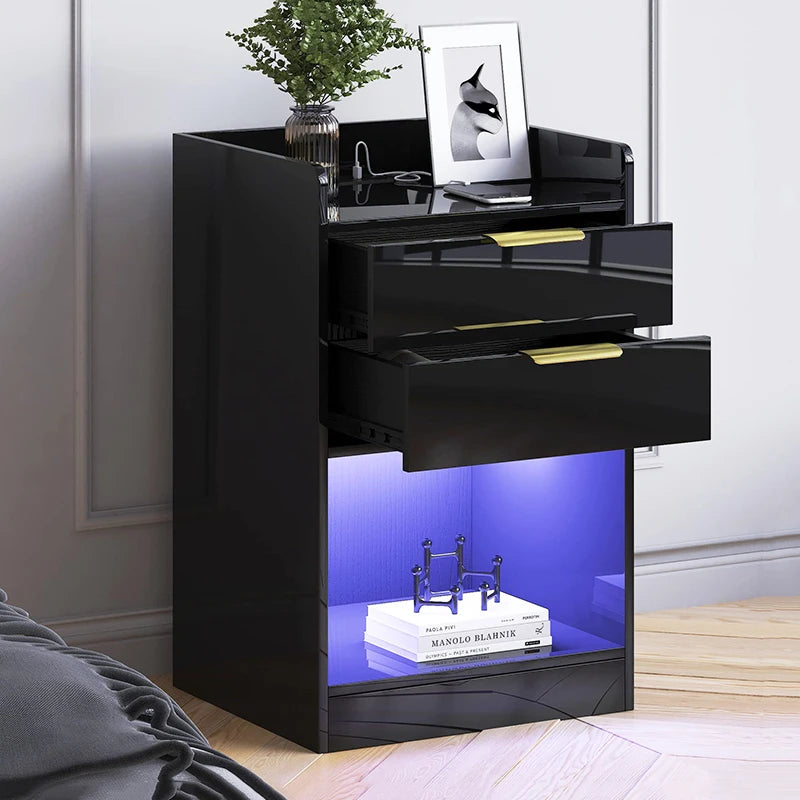 High Quality Slim Wooden Nightstand with LED Charging Station Unique Multifunctional Bedside Table for Bedroom or Home