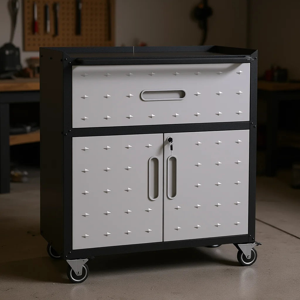 Durable 1-Drawer 2-Locking-Door Rolling Tool Cabinet With Push Handle Industrial Style Mobile Garage Storage Cart Black Gray