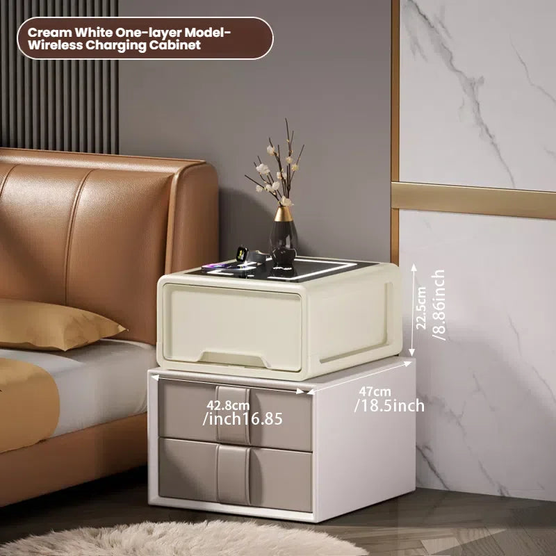 Nightstand Table Fingerprint Unlock Modern Smart Bedside Side Table Black With Wireless Charger Station