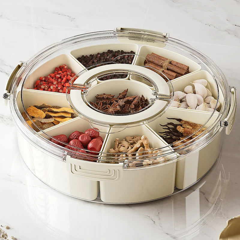 Modern Round Divided Snack Box Container with Portable Lid Handle Fresh Keeping Plastic Food Storage Tray for Snacks Beverages