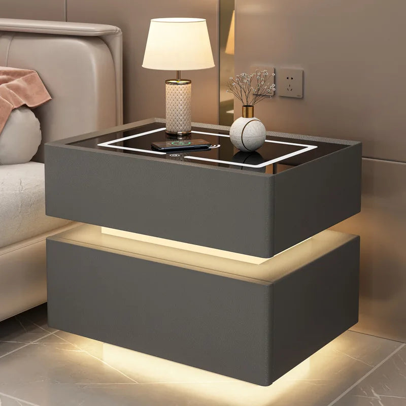 2025 MYUZ Bedroom Floating Nightstand Glass Sustainable Modern Luxury Smart Multifunctional Wireless LED Light Food