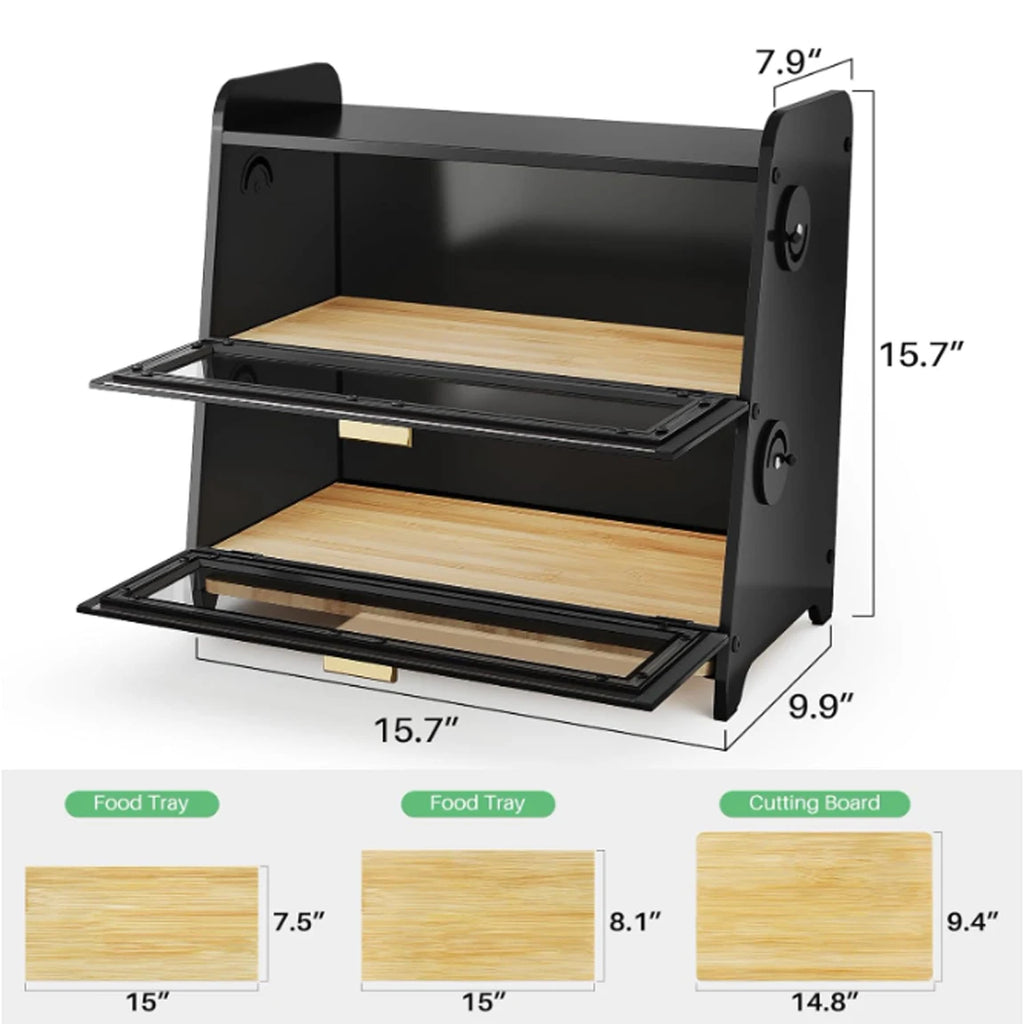 Wood Bread Box - Kitchen Countertop Bread Storage Container with Bamboo Cutting Board, Adjustable Vent Hole Dials, Black