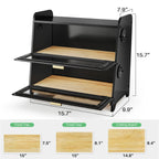 Wood Bread Box - Kitchen Countertop Bread Storage Container with Bamboo Cutting Board, Adjustable Vent Hole Dials, Black