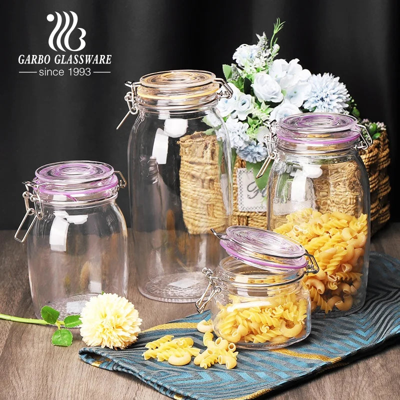 China Supplier High Borosilicate Glass Jars for  Kitchen or Home Storage Bottle Sets  with Bamboo Lids and Stand Customized