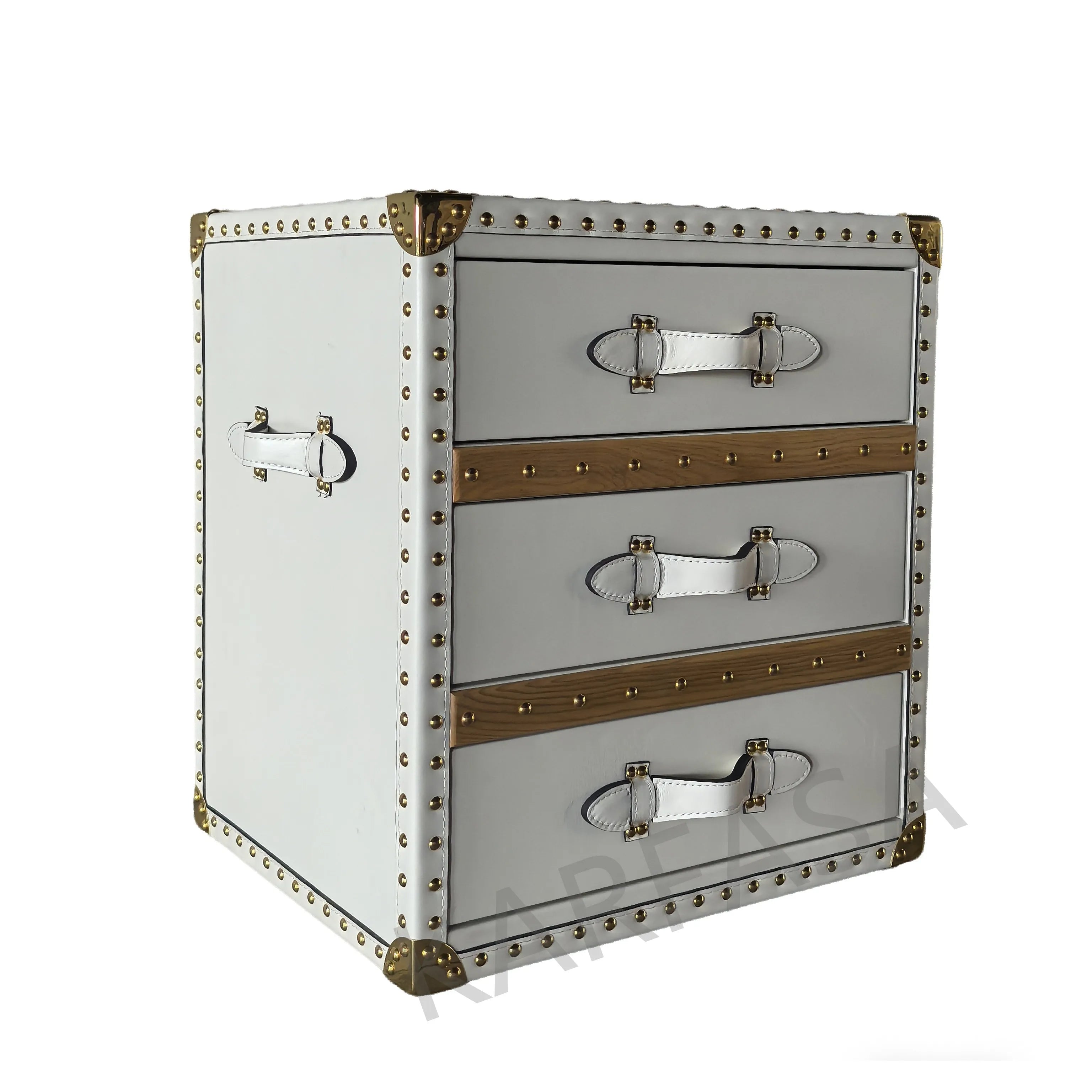 Industrial Side Cabinet Bedside Table 3 Drawers Leather Storage Box Stylish Golden Mushroom Nail Design for Home Bar Bedroom