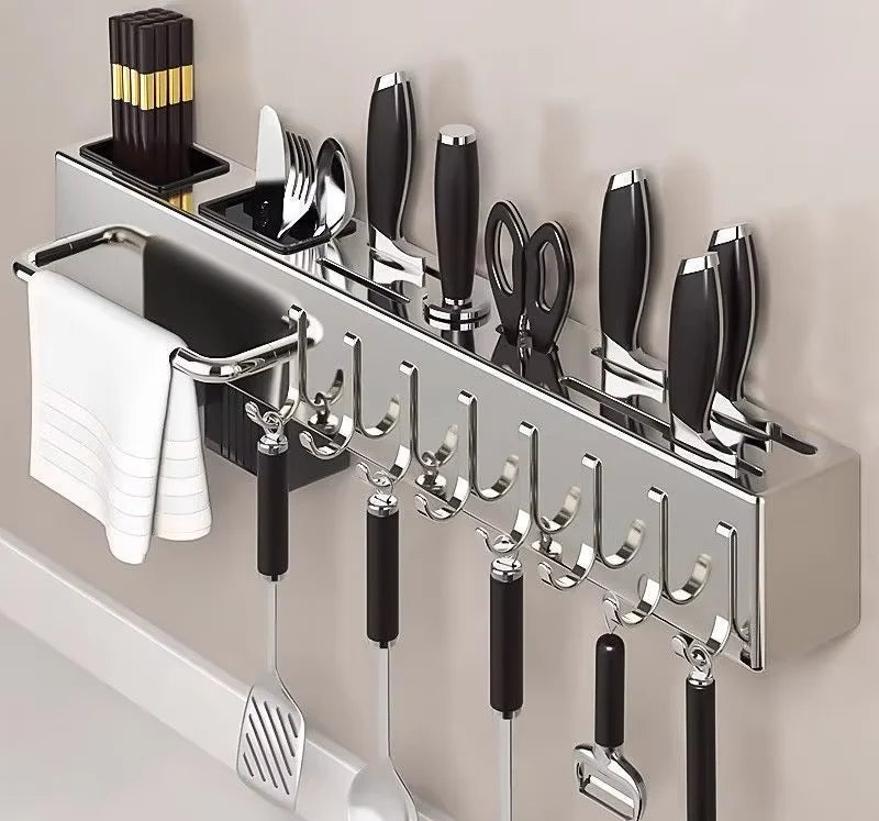 Wholesale Multi-Functional Stainless Steel Wall-Mounted Knife Chopstick Holder No-Drill Kitchen Utensil Storage Rack