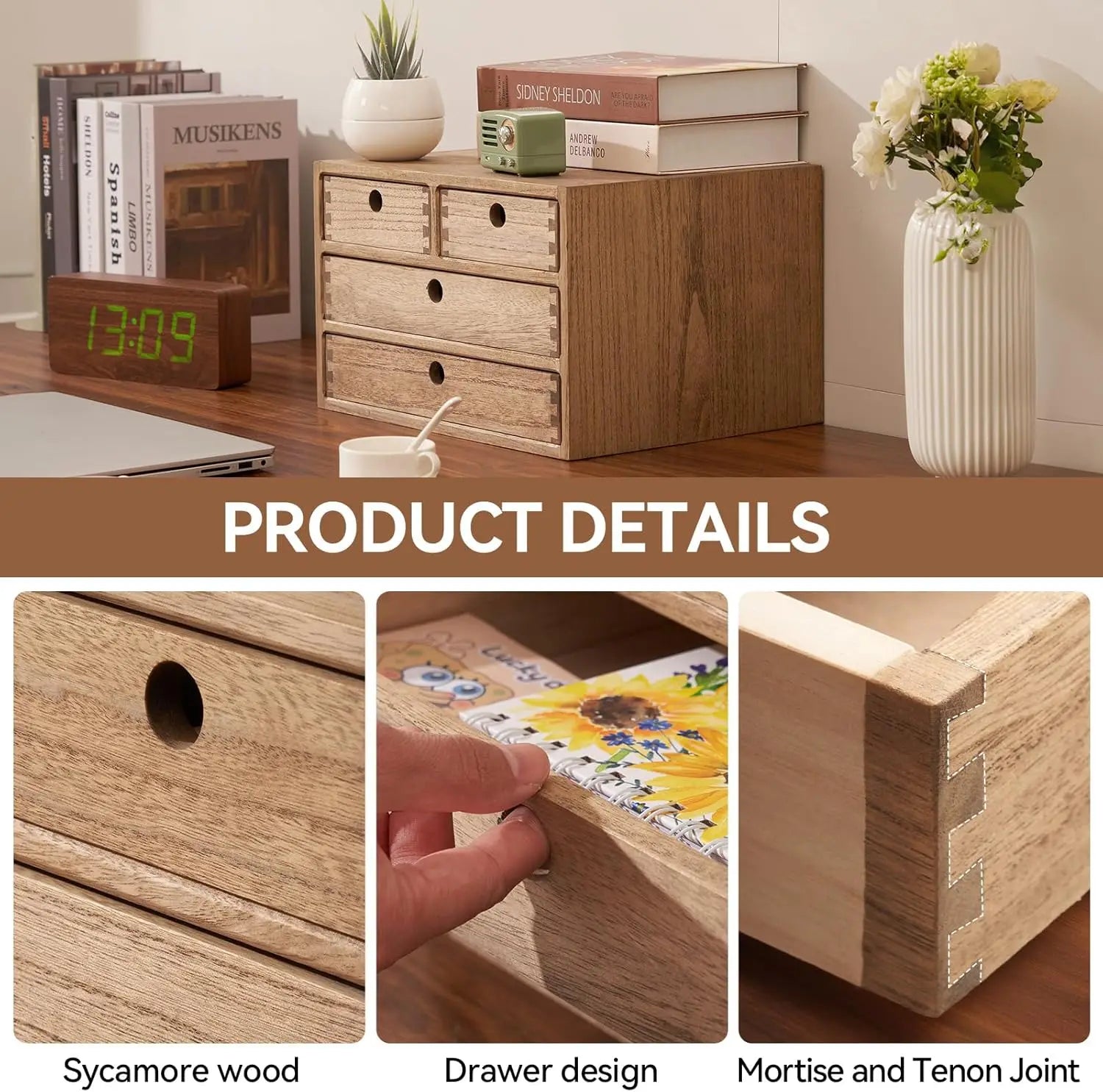 Wood Desktop Storage Cabinet/Workspace Document Office Organizer with 4 Drawers/Home,office Letter Mail Sorter Hold Makeup Box