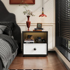 Minimalist Steel Bedside Table Simple Design Black Frame Wood Grain Panel