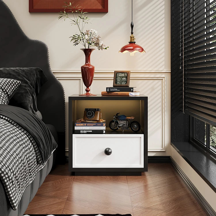 Minimalist Steel Bedside Table Simple Design Black Frame Wood Grain Panel